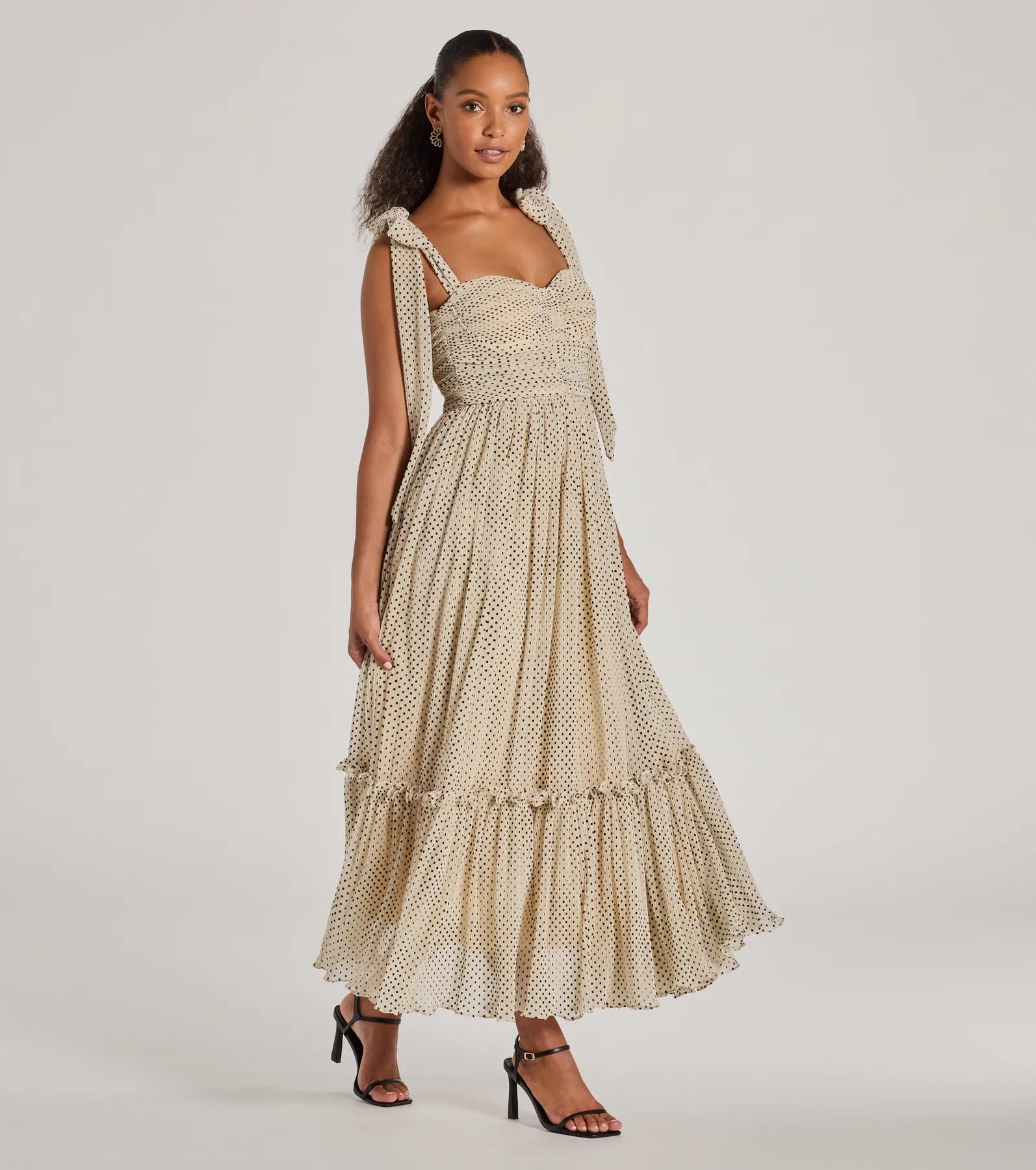 Marnie Sweetheart Tie Strap Polka Dot Formal Midi Dress