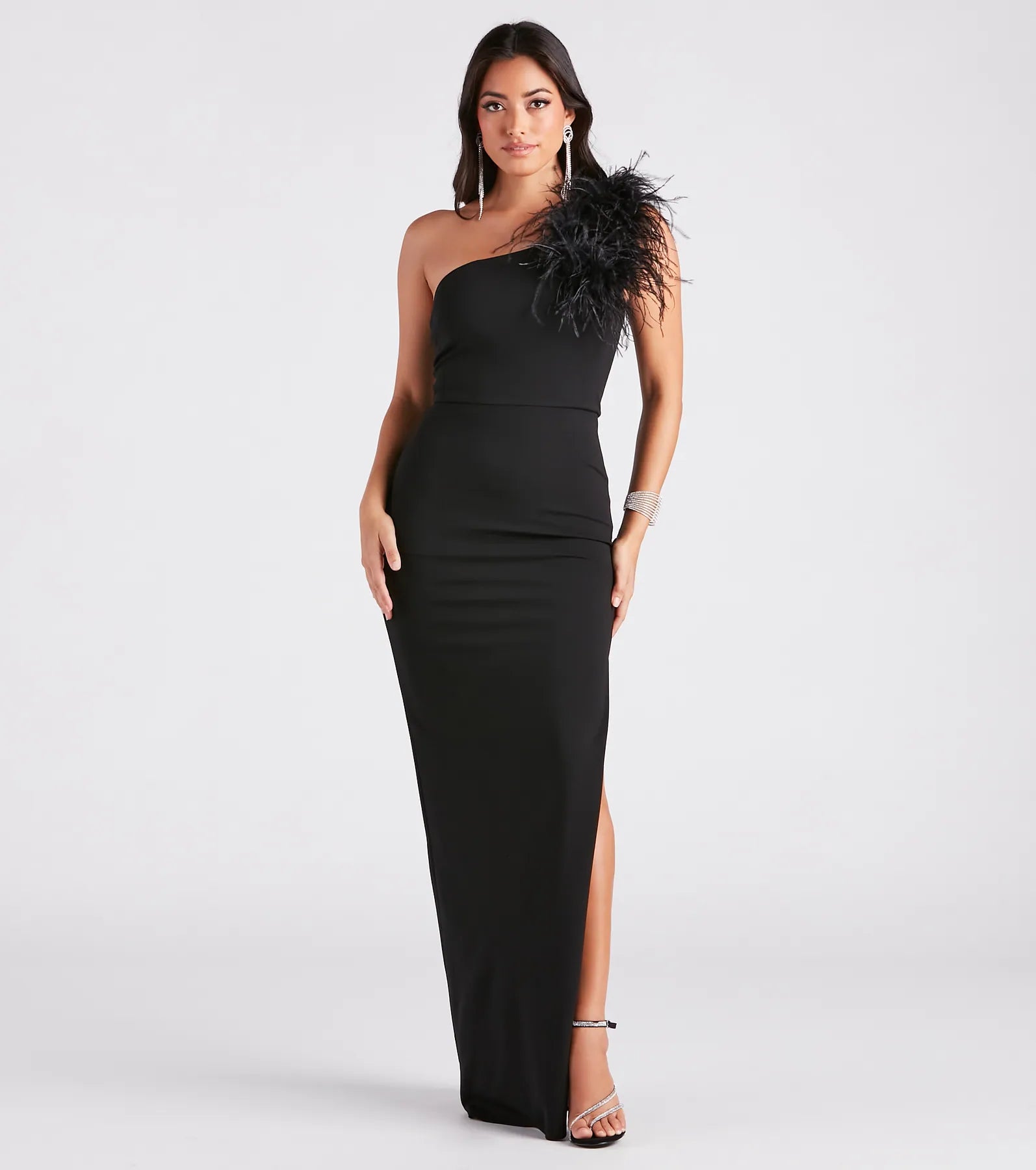 Patricia Formal Crepe Marabou Long Dress