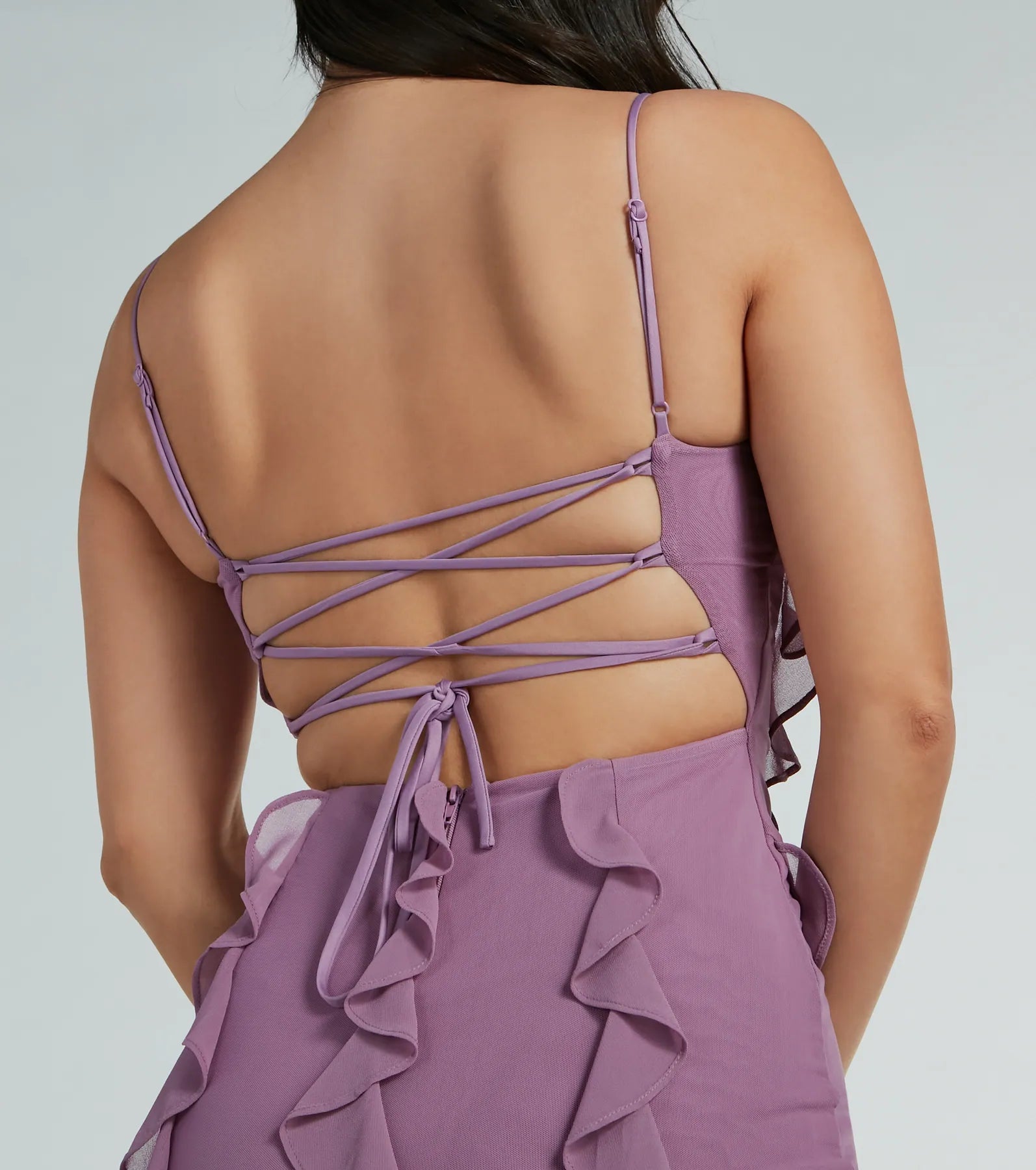 Sophia Lace-Up Ruffle Mermaid Mesh Formal Dress