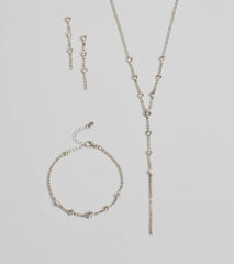 Glam Rhinestone Lariat Necklace, Bracelet, And Earrings Set